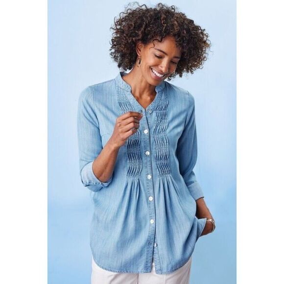 Soft Surroundings Denim Chambray Long Sleeve Pleated Tunic Blouse Top Size PS - Picture 1 of 10